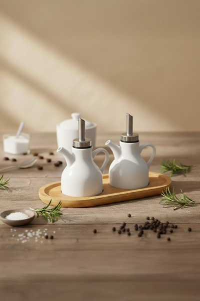 Vadi Bamboo Compartment Oil Container Stand with Double Sauce Bowl