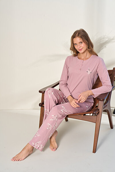 REMSA Plus Size Women's Button-Front Combed Cotton Long Sleeve Pajama Set 313...