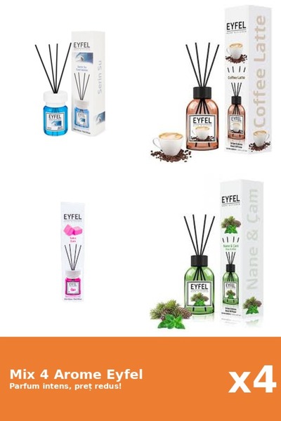 Eyfel Set 4 Mix Eyfel: 1x Bubble Gum, 1x Cafea, 1x Cool Water, 1x Pin Si Menta