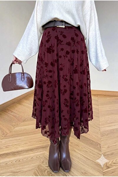 UZER Flok Baskılı Asimetrik Kesim yeni sezon midi boy Tül Etek