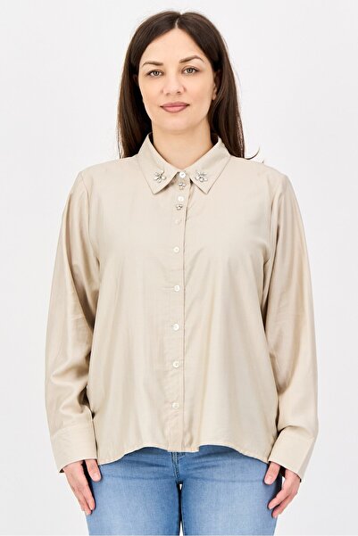 London Fog Women Solid Long Sleeve Shirt, Beige