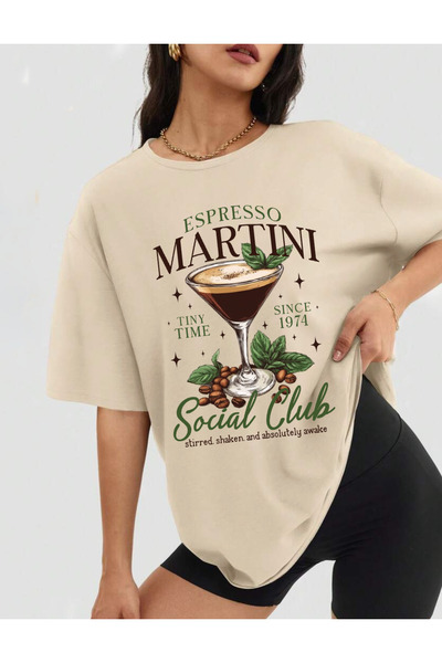 SUNFREE Espresso Martini Printed Oversized Crew Neck Short Sleeve Combed Cott...