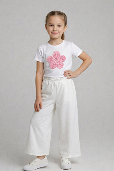 FATELLA Ružičasta majica sa tratinčicama za devojčice, široke bele pantalone,...