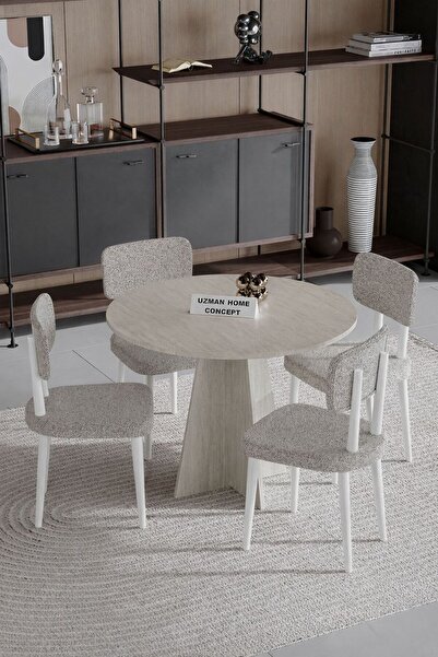 UZMHOME Begonya 90x90 Yuvarlak 4 Sandalyeli Masa Sandalye Takımı, Salon Takım...
