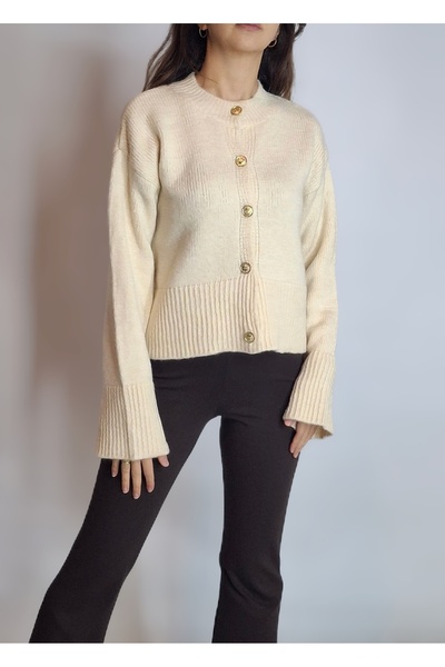 oyagüler Women's Cream Color Gold Buttoned O-Neck Cardigan Yy101335