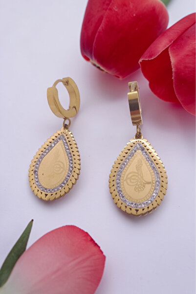 Zaradise Accessories Tuğra Figürlü Zirkon Taşlı Gold Renk Antialerjik Paslanmaz Çelik Küpe 130627