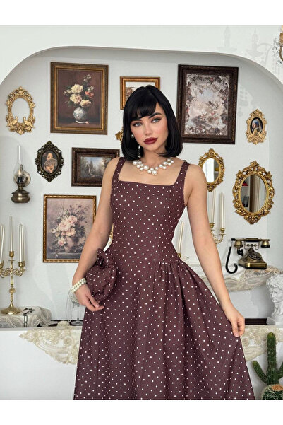Dilek Vardar Brown Square Collar Pleated Midi Dress, Pack of Polka Dot