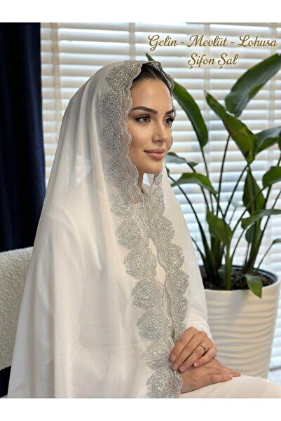 By Serpil Şener Gümüş Simli Fransız Dantelli Şifon Şal- Gelin& Mevlüt& Lohusa
