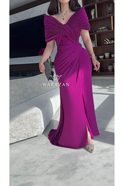 Warazan فستان سهرة ناعم بقصة من الصدر باللون الأزرق أو الفوشيا