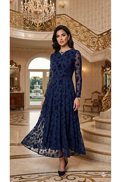 UZER Kadın bordo Tül Üzeri Flok Baskılı Elbise