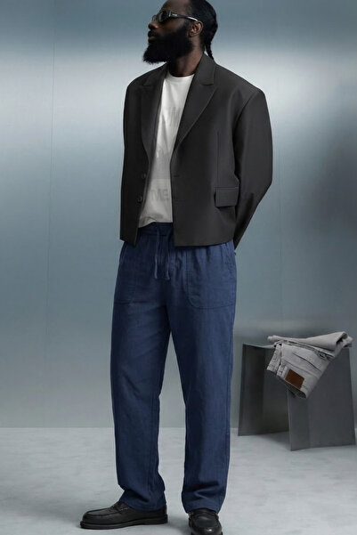 COMBİNE MİCHAİL Men's Navy Blue Linen Trousers with Elastic Waist