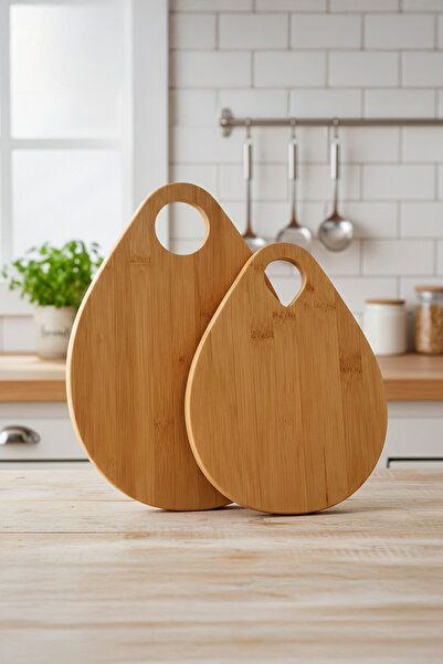 Vadi Bamboo Cutting Board Set of 2 Droplet Design Natural Wood Presentation B...