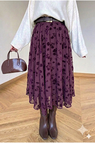 UZER Flok Baskılı Asimetrik Kesim yeni sezon midi boy Tül Etek