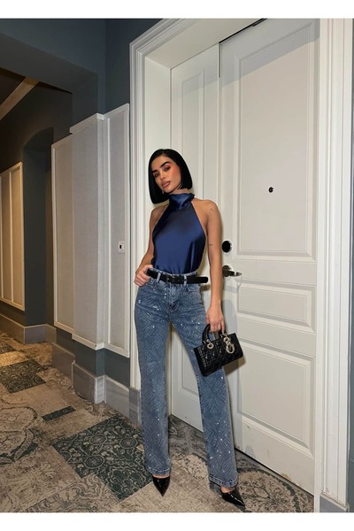 GLAMMOSS L'Atelier High Waist Shiny Stone Pattern Palazzo Jean Trousers