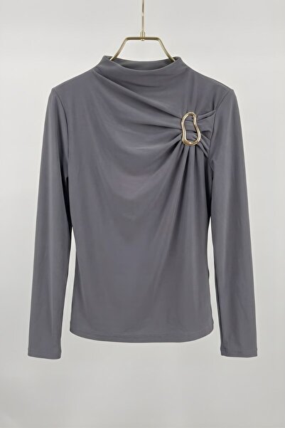 Potenza Women's Blouse with Gold Buckle Detail, Gathered Long Sleeves, Sandy ...