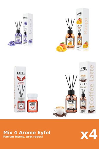 Eyfel Set 4 Mix Eyfel: 1x Cafea, 1x Lavanda, 1x Mango, 1x Red Dragon