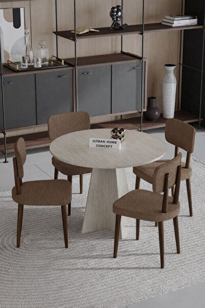 UZMHOME Begonya 90x90 Yuvarlak 4 Sandalyeli Masa Sandalye Takımı, Salon Takım...