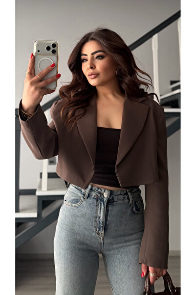 Oslove Brown Premium Padded Shoulders Short Jacket