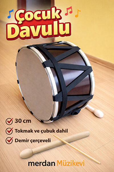 MERDAN MÜZİK EVİ 30cm çocuk davulu demir çerçeve tokmak çubuk hediye