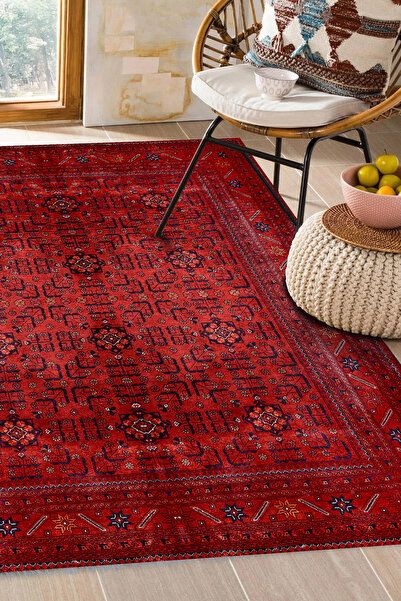 Aybek Home Kırmızı Afgan Desen Baskılı Kaymaz Taban Yıkanabilir Halı Salon Ot...