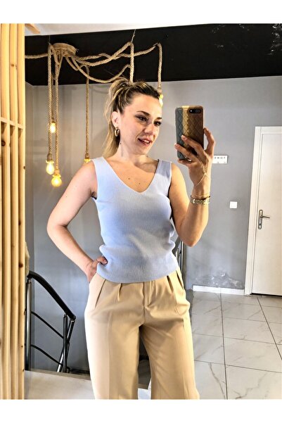 Gözde Tasarım Butik Women's Blue Color V-Neck Sleeveless Thick Strap Knitted ...