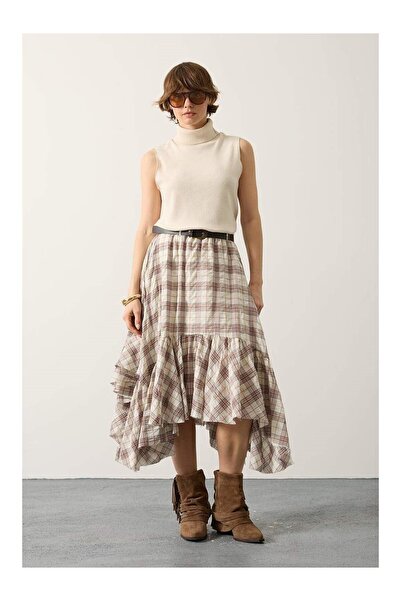 Coral تنورة من قماش منقش طبقات مع تفاصيل مطوية حزام طبقات 37222 بني