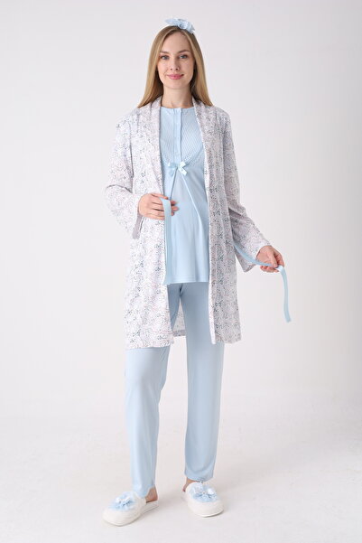 ERDENİZ TEKSTİL Buttoned Collar Maternity Pajama Dressing Gown Set with Breas...