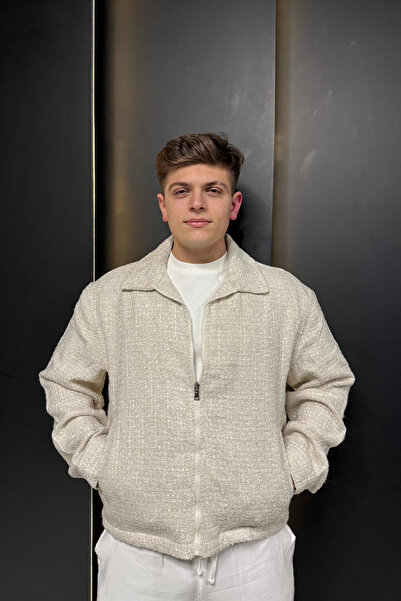 sunfyre Men's Cream Textured Regular Fit Zippered Short Melton Jacket Sun293