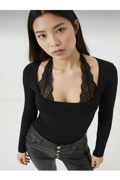 FLEX FASHION Negru TREND dantelă piese cu mânecă lungă, bluză populară cu det...