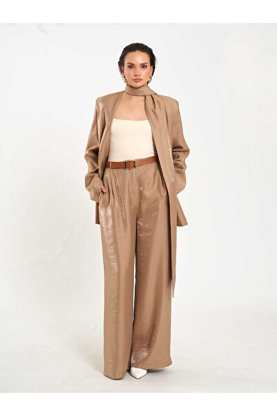 Coral Single Pleated Loose Trousers with Pockets Belt Pieces 031660 Mink