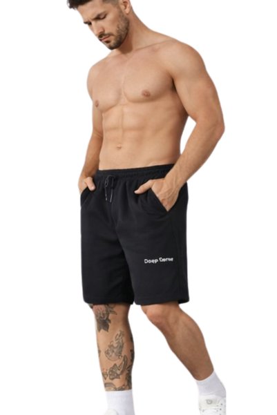 DEEPSENCE Men's Black Above Knee Shorts – 20/150 Regenerated Fabric, Casual Sports Shorts, Elastic Pocketed Men's Shorts