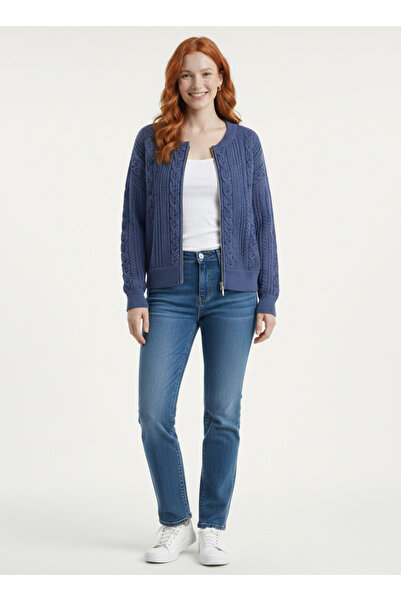 Neden Tekstil Navy Blue Hair Knit Patterned Zipper Cardigan