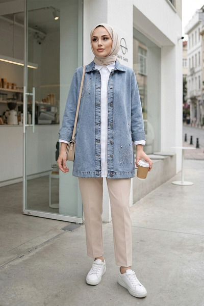 MODAQU Buttoned Stone Detailed Denim Jacket - Blue