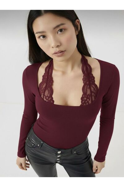 FLEX FASHION Negru TREND dantelă piese cu mânecă lungă, bluză populară cu det...