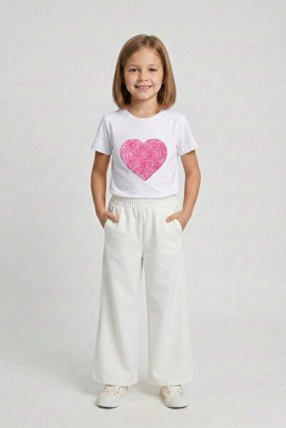 FATELLA Devojčička majica sa ružičastim srcem i široke bele pantalone, kostim...