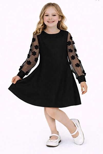 Nacar Çiçek Detaylı Kız Çocuk Elbise 23 Nisan 29 Ekim Gösteri Kıyafeti