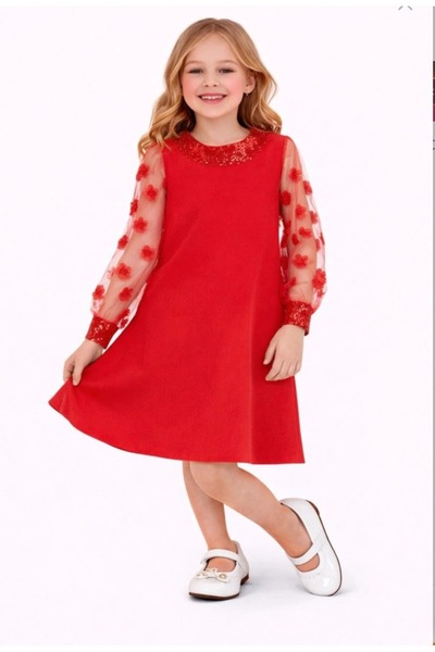 Nacar Çiçek Detaylı Kız Çocuk Elbise 23 Nisan 29 Ekim Gösteri Kıyafeti