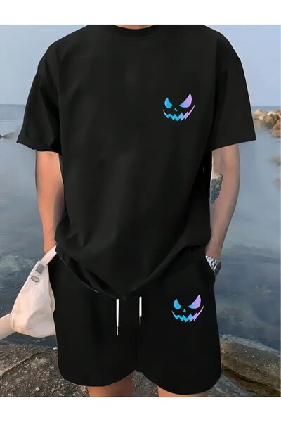 ELAN WEAR Black Printed Women'S/Men's Unisex T-Shirt Shorts 2-Piece Set Overs...