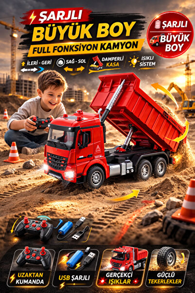 TOYFEST Şarjlı Büyük Boy RC Damperli İnşaat Kamyonu Uzaktan Kumandalı Işıklı ...