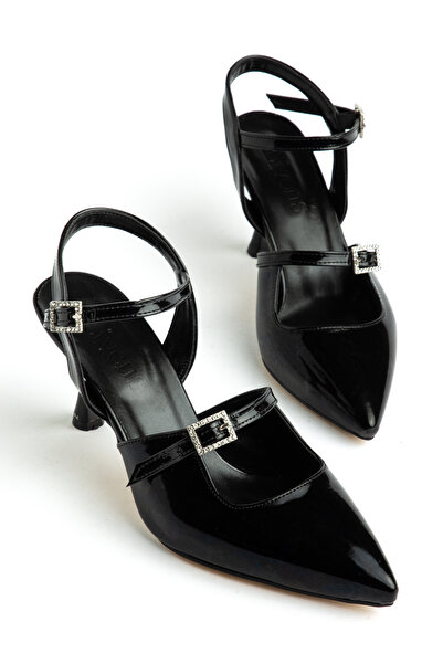 livens Women's Strappy Buckled Heeled Shoes Black Patent Leather