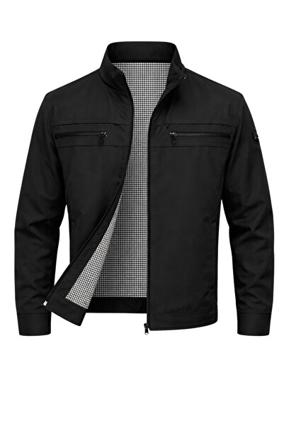 SİVAİST Siyah Erkek Pamuk Polyester Karışımlı Çift Göğüs Fermuarlı Su Ve Rüzg...