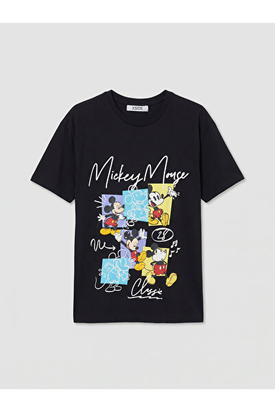LC Waikiki M1 Sezon Black Crew Neck Mickey Mouse Printed Women's T-Shirt