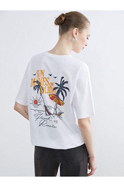 LC Waikiki White Crew Neck Printed Oversize Women's T-Shirt
