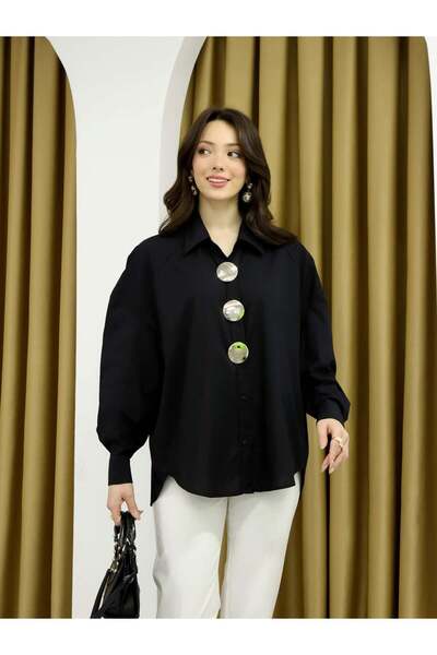 Coral Number Printed Big Button Shirt 26114 Black