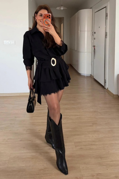 MOZENA Gold Belt Detail Lace Li Mini Shirt Dress