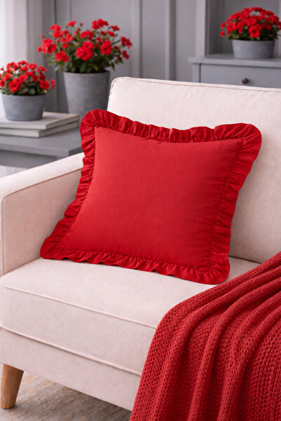 ÇIQRIK HOME 100% Cotton Red Ruffled Decorative Cushion Cover – 43X43 cm (1 Pi...