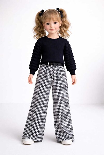 İncilay Kids Kız Çocuk Bayramlık Kazayağı Desenli Bol Paça Pantolonlu Şık Kom...