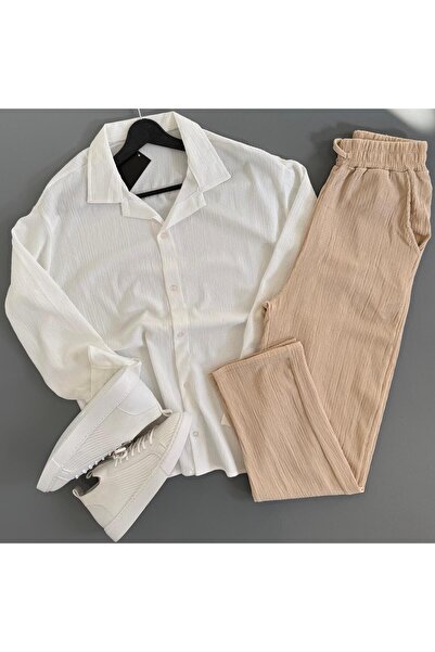 WENMİNG Men's Wrinkled Shirt and Pants Summer Top and Bottom Combination