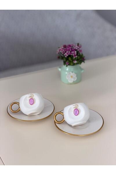 Hediye Köşkü 2 Kişilik Taşlı Türk Kahvesi Fincanı (pembe)