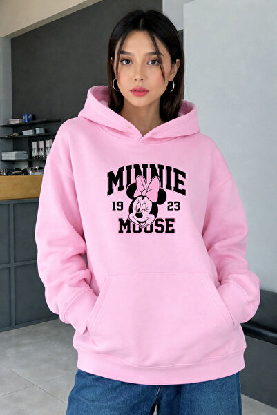 DEEPSENCE Women's Pink Oversized Hooded Sweatshirt Micky Printed